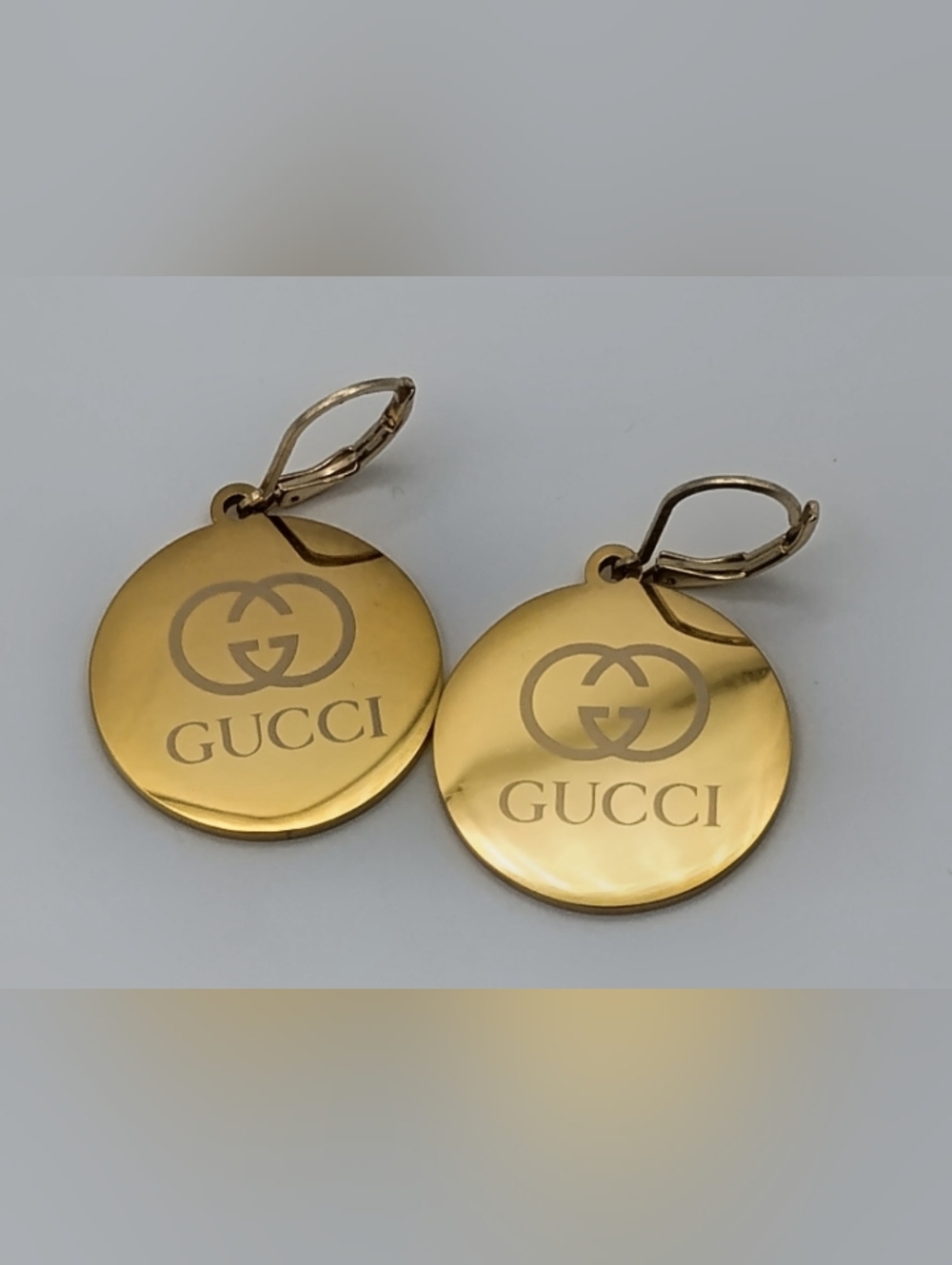Gucci Gold Round White Logo Drop Earrings AUTHENTIC - Picture 4 of 6